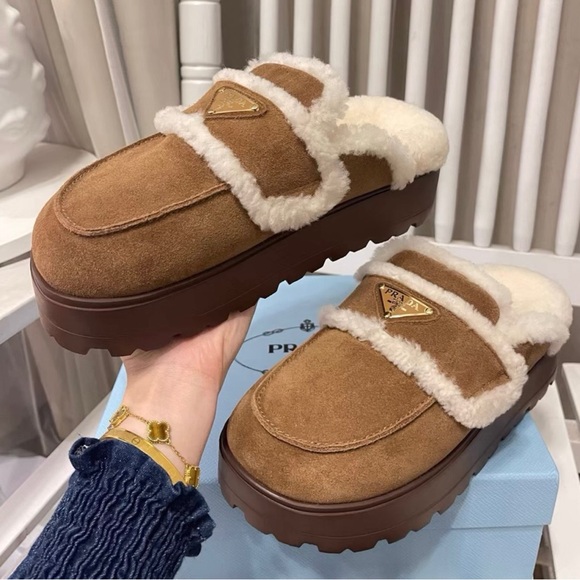 Prada Tan Shearling Slippers - Picture 5 of 9